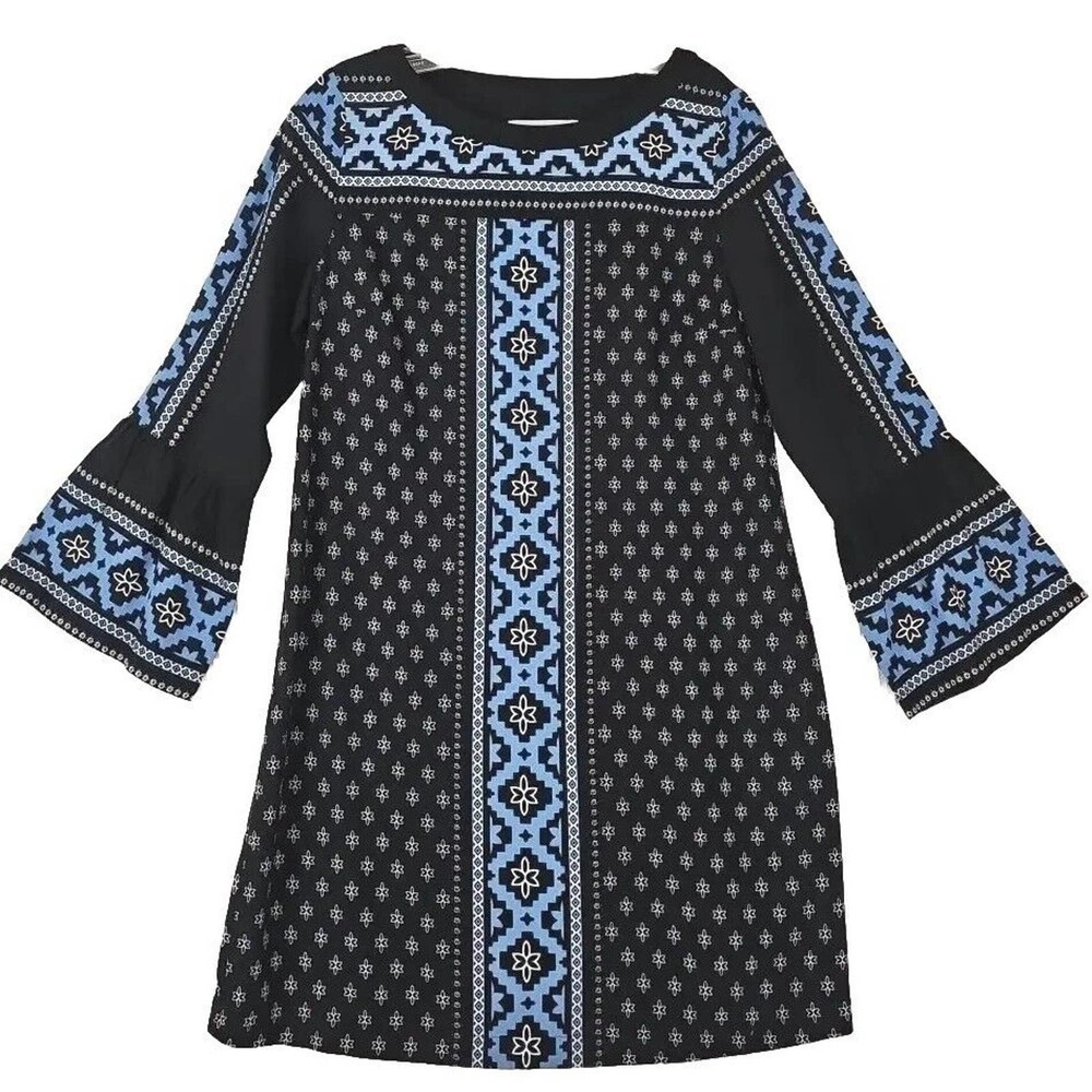 LOFT ~Woman Size MPetite~ Blue Floral Long Sleeve Rayon Boho Dress Unlined.